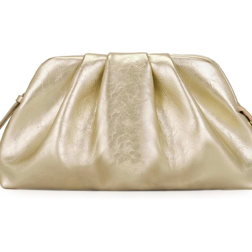 Gold Pleated Evening Clutch Bag Shiny Leather Formal Wedding Crossbody Purse
